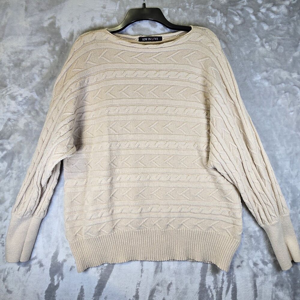 Sew in Love Cable Knit Sweater Oversized Fisherman Womens XL Beige Boat Neckline